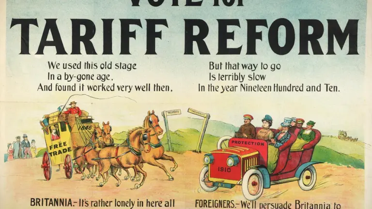 Historisches politisches Plakat aus dem Jahr 1910 über Zölle und internationalen Handel.