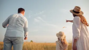 Familie beim sommerlichen Tagesausflug in einer weiten Naturlandschaft in Nordrhein-Westfalen.