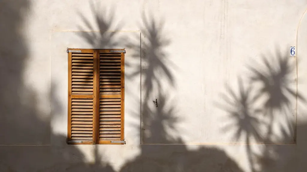 Geschlossene Holzklappläden vor einer Hauswand mit Schatten von Palmenblättern in der Sonne.