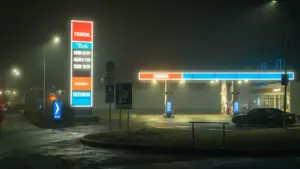 Eine beleuchtete Tankstelle in der Nacht bei nebligem Wetter mit gut sichtbaren Preisanzeigen.