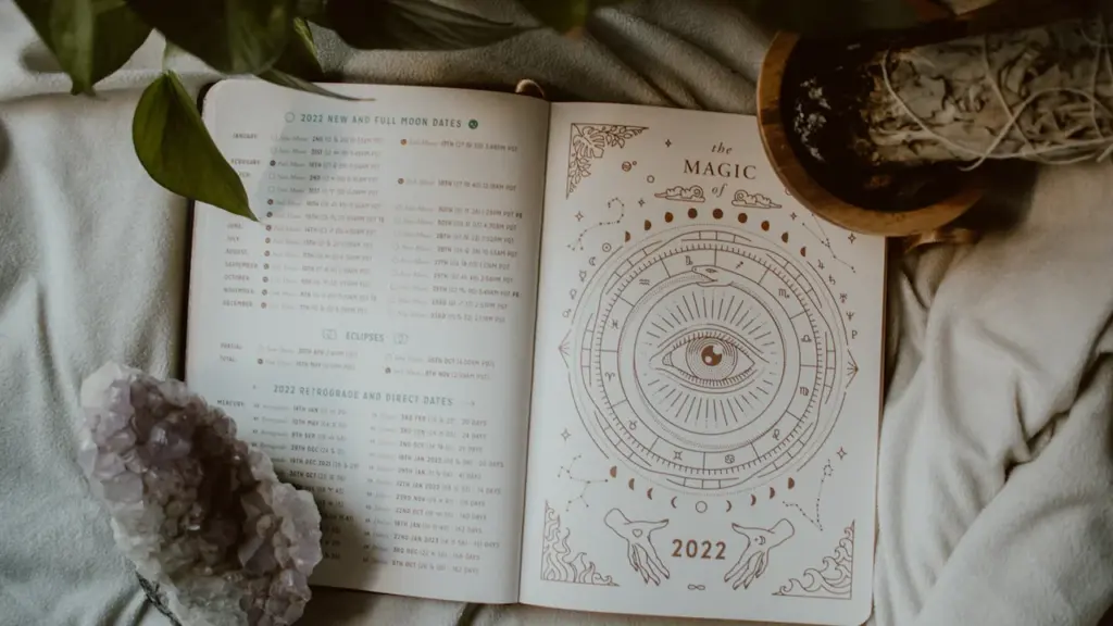 Offenes Buch mit astrologischen Symbolen und Heilkristallen auf einem weichen Stoff.