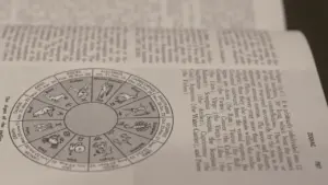 Ein offenes Buch mit Tierkreiszeichen-Grafik und Text für astrologische Vorhersagen am Sonntag.
