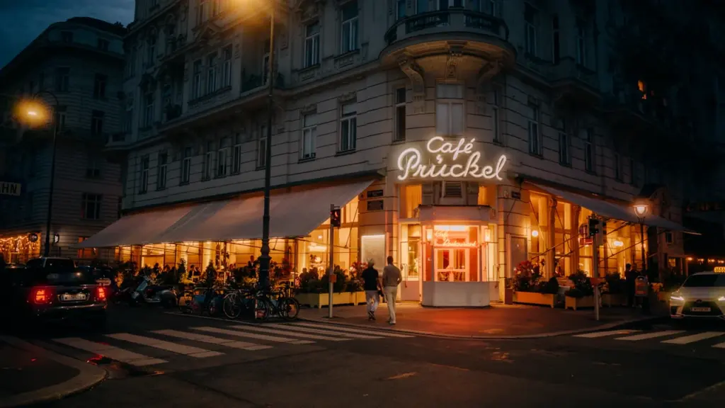 Ein stimmungsvolles, beleuchtetes Café an einer Straßenecke am Abend in Deutschland.