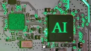 Leuchtender KI-Chip auf einer technischen Leiterplatte für technologische Zukunftsthemen in Deutschland