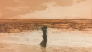 Eine sepiafarbene Aquatinta-Radierung zeigt eine einsame Figur in einer weiten, melancholischen Landschaft.