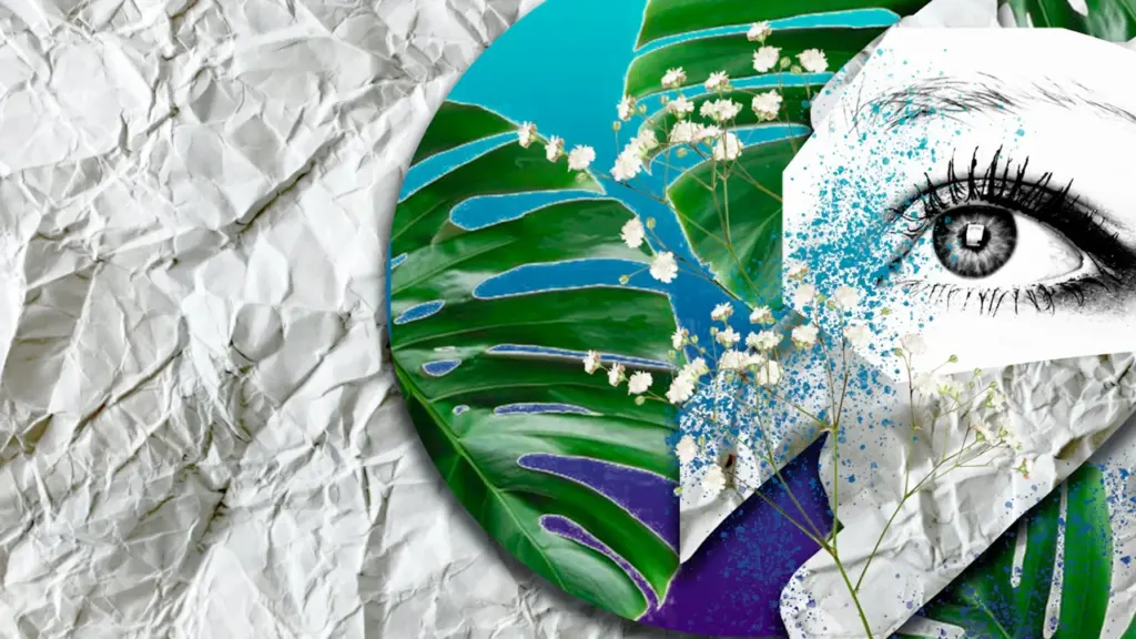 Künstlerische Collage mit einem Auge, floralen Elementen und einer Textur aus zerknittertem Papier.