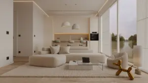 Modernes, offenes Wohnzimmer mit großem Fenster, ideal für einen Traum von einem Haus.